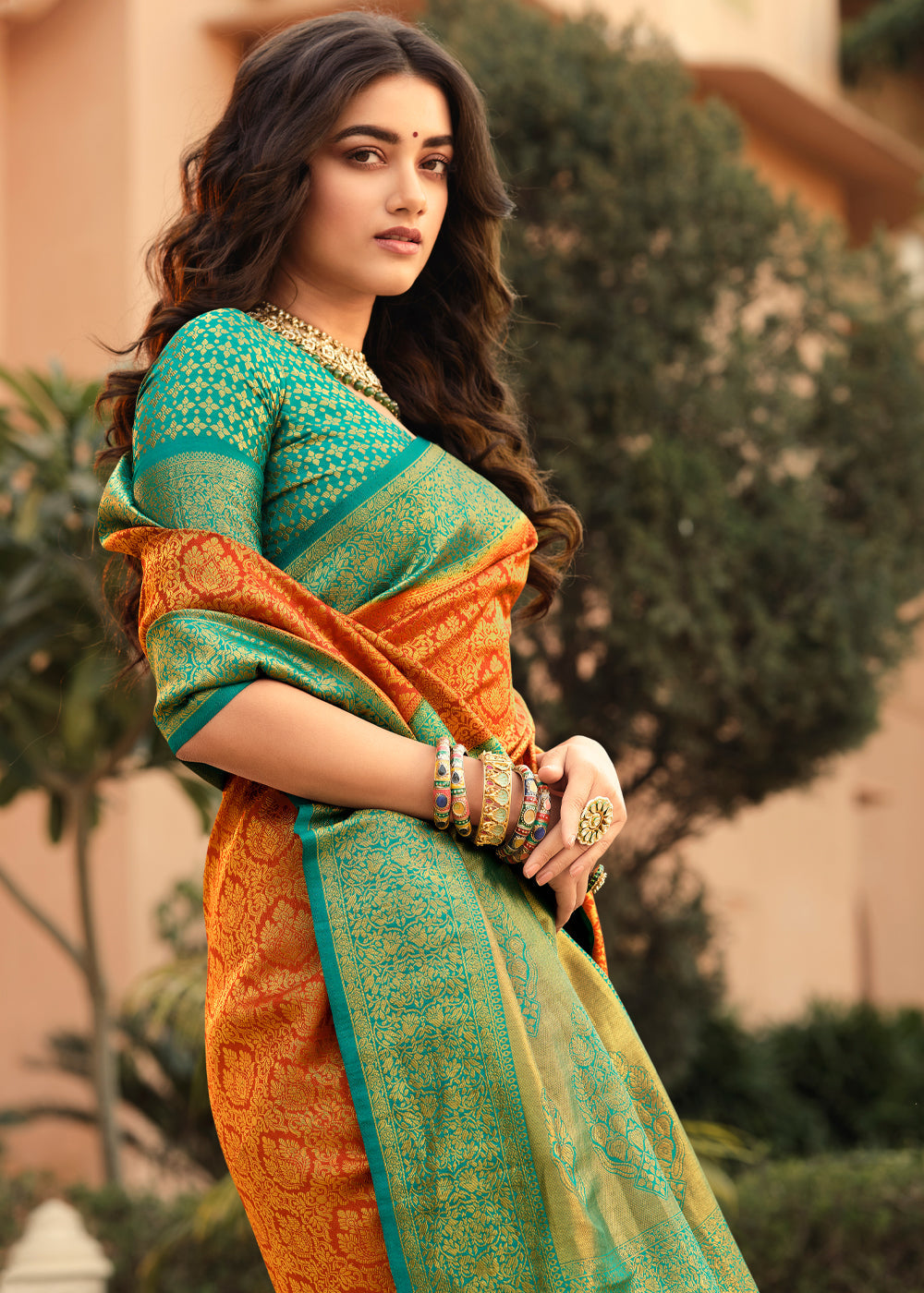 Buy MySilkLove Tango Orange and Blue Zari Woven Kanjivaram Saree Online