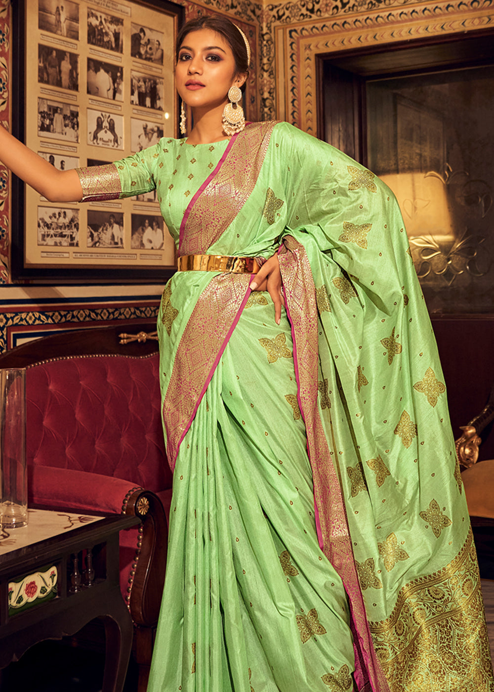 Buy MySilkLove Reef Green Zari Woven Soft Tussar Silk Saree Online