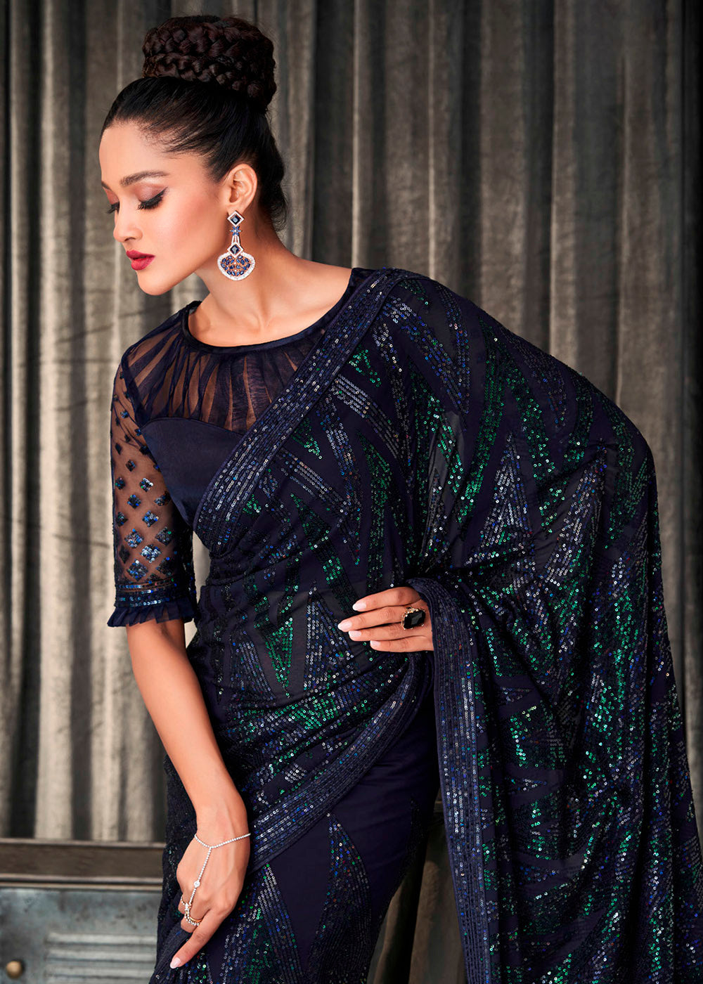 Buy MySilkLove Tuna Blue and Green Sequins Embroidered Designer Georgette Saree Online