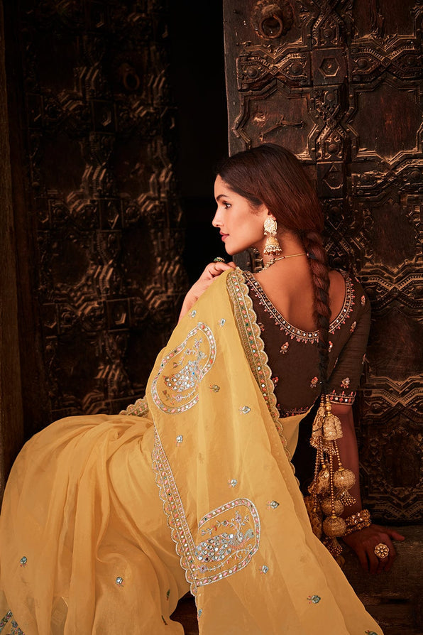 Buy MySilkLove Porsche Yellow and Brown Organza Saree Online