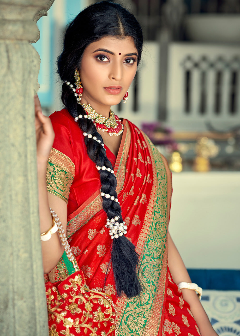 Buy MySilkLove Cinnabar Red and Green Zari Woven Banarasi Saree Online