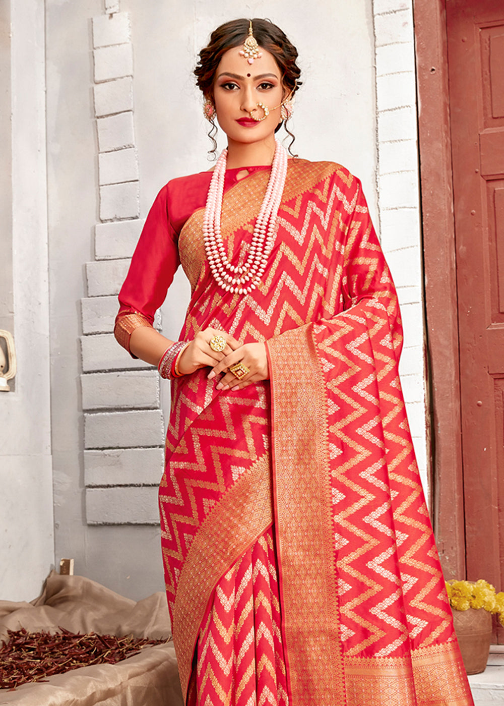 MySilkLove Salmon Red Zari Woven Banarasi Brocade Silk Saree