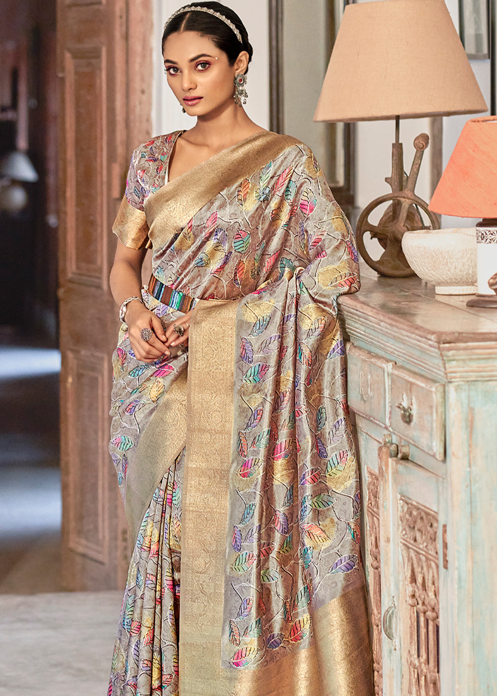 Buy MySilkLove Stack Grey Digital Printed Banarasi Saree Online