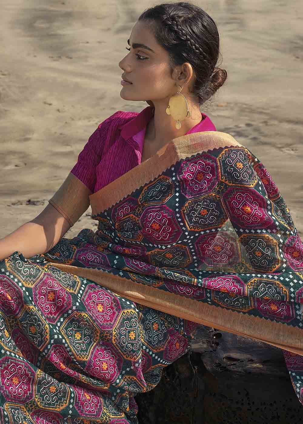 Buy MySilkLove Soya Green and Pink Printed Cotton Saree Online