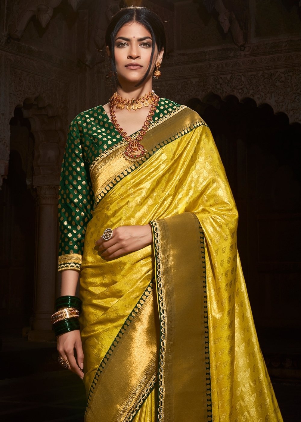 Buy MySilkLove Golden Grass Yellow and Green Zari Woven Banarasi Silk Saree Online