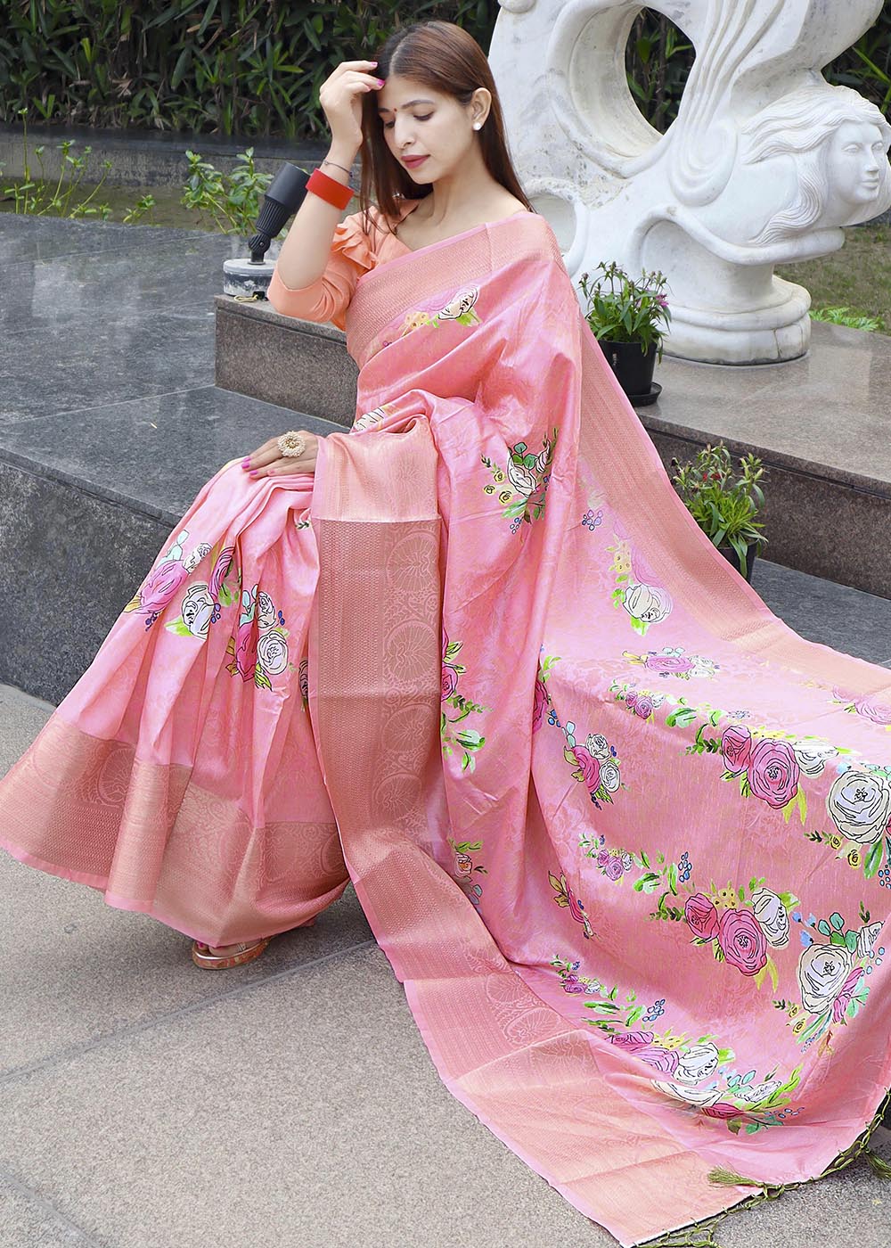 Buy MySilkLove Lilac Peach Floral Printed Soft Silk Saree Online