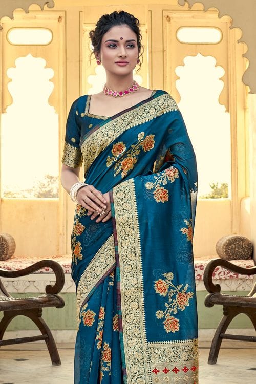 Buy MySilkLove Steel Blue Organza Saree Online