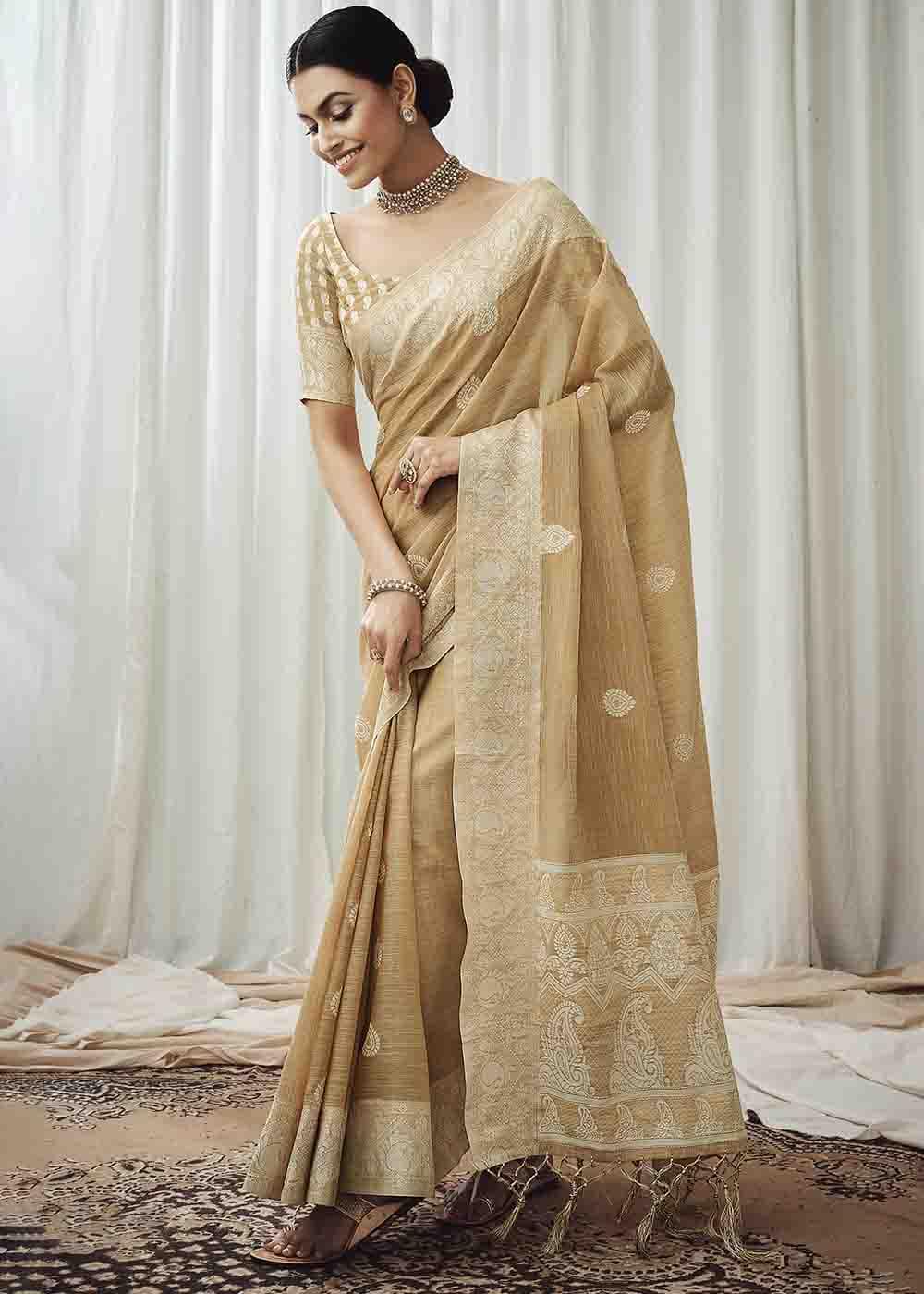 Buy MySilkLove Twine Brown Chikankari Linen Saree Online