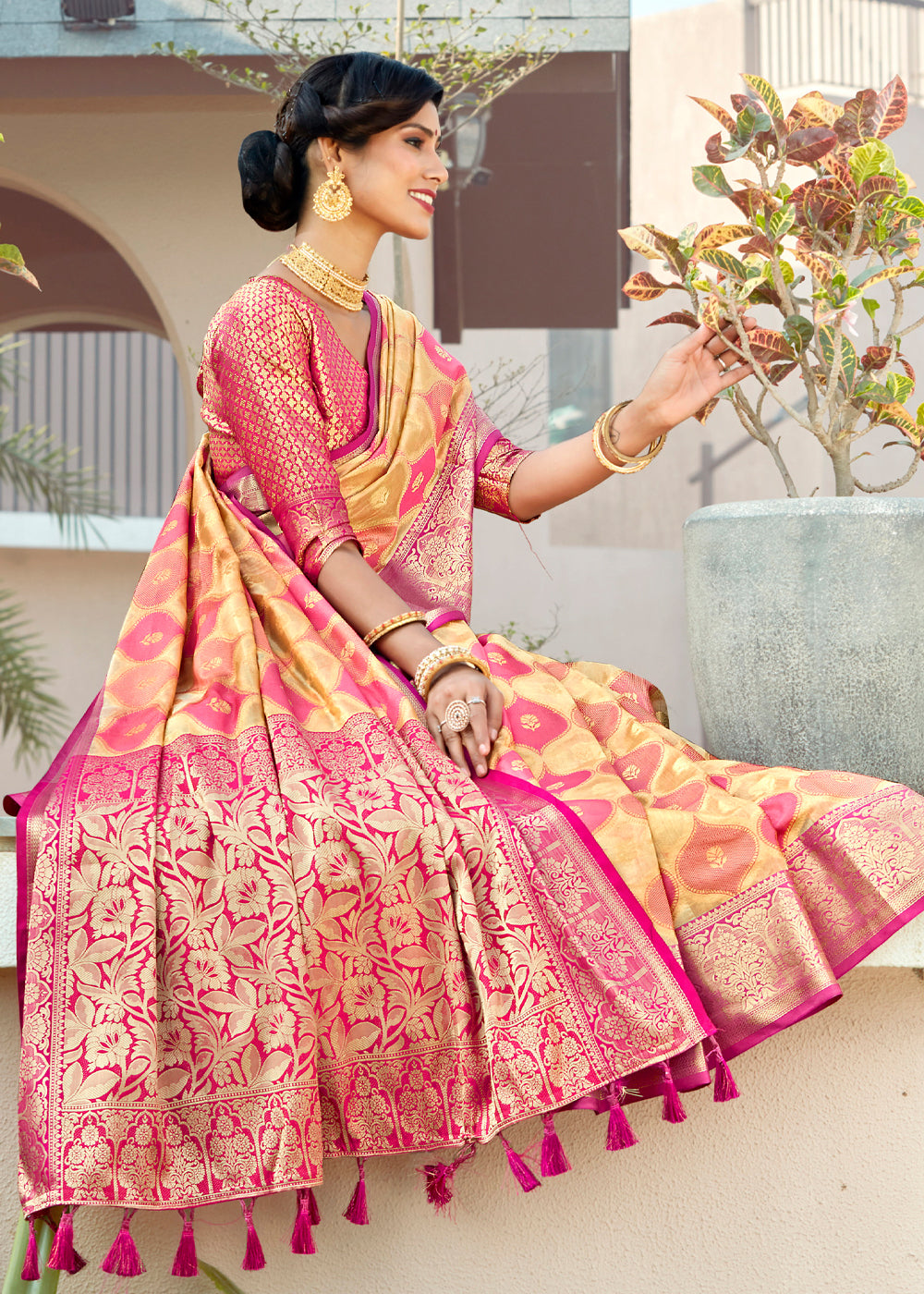 MySilkLove Japonica Pink and Yellow Wonen Banarasi Rangkath Silk Saree