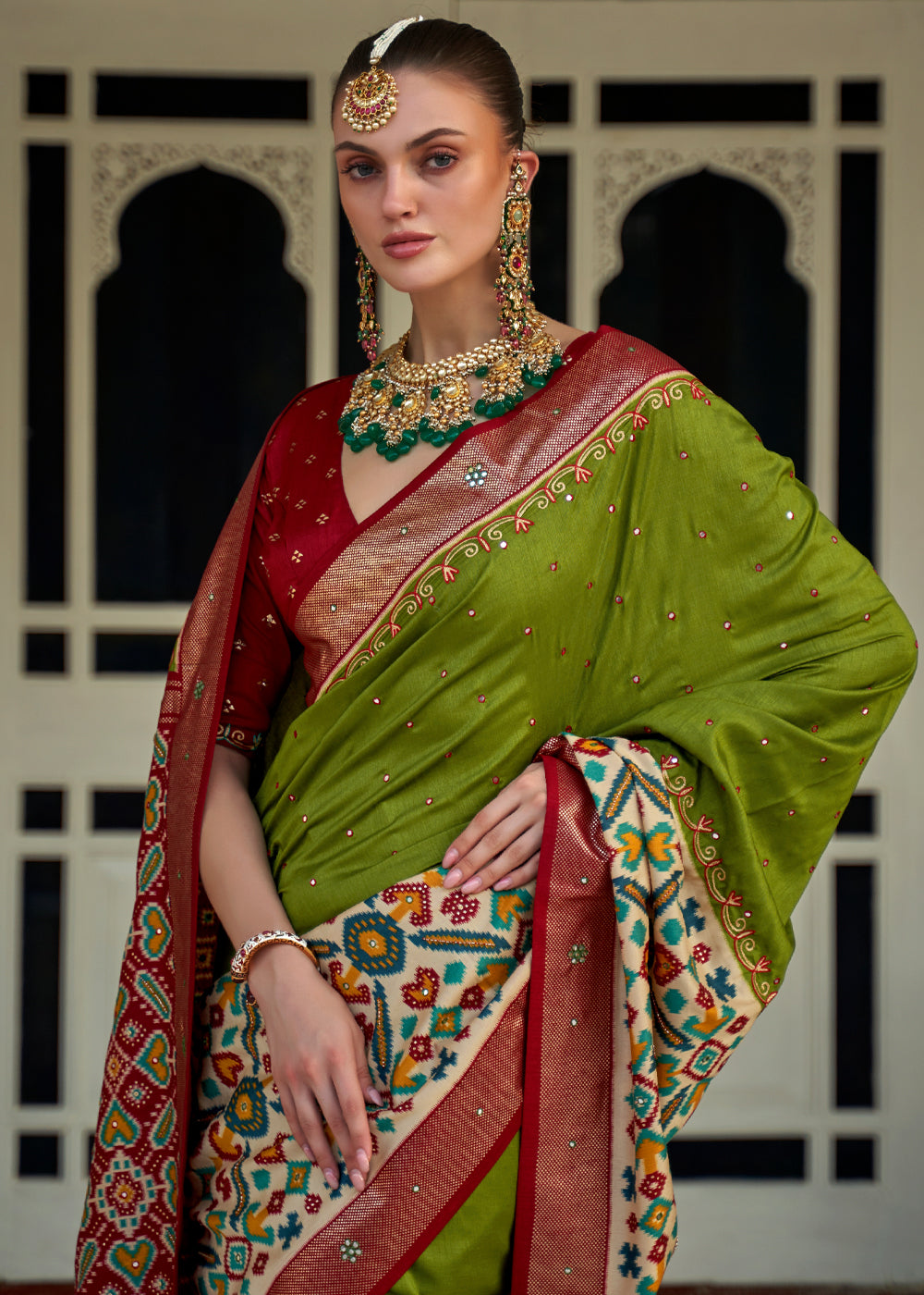 MySilkLove Olive Green and Red Woven Patola Silk Saree