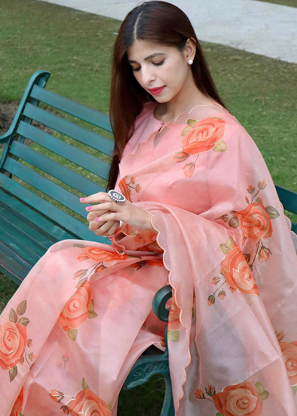 Buy MySilkLove Sea Pink Peach Digital Floral Print Organza Saree Online