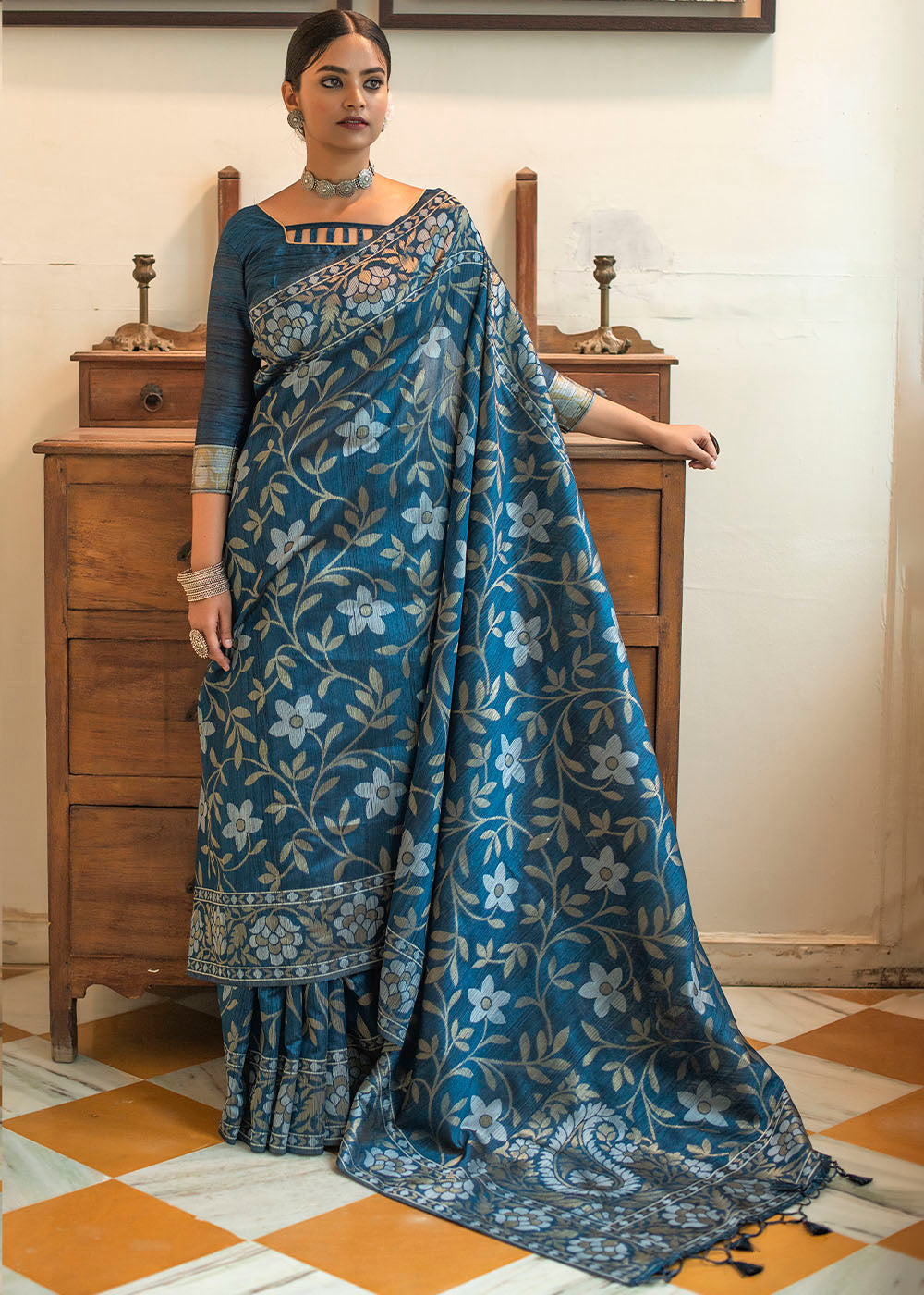 Buy MySilkLove Midnight Blue Zari Woven Floral Tussar Saree Online