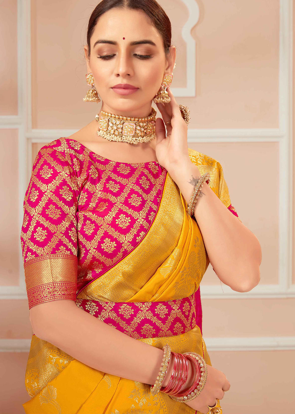 MySilkLove Golden Pink Yellow Zari Woven Banarasi Silk Saree