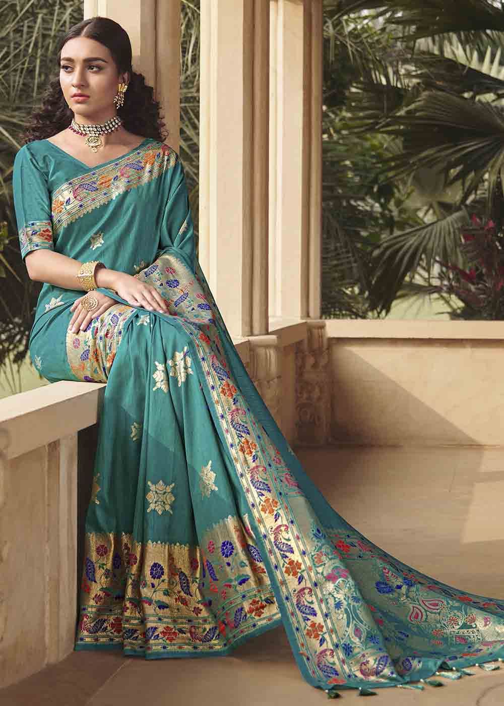 Buy MySilkLove Winter Green Zari Woven Banarasi Paithani Saree Online