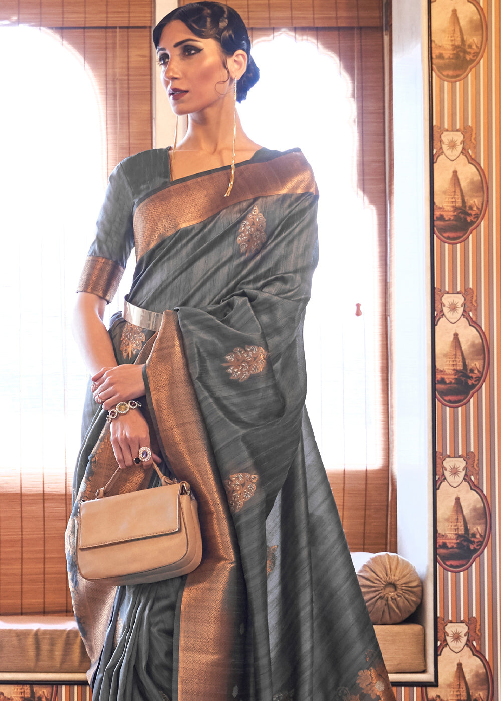 Buy MySilkLove Scorpion Grey Zari Woven Tussar Silk Saree Online