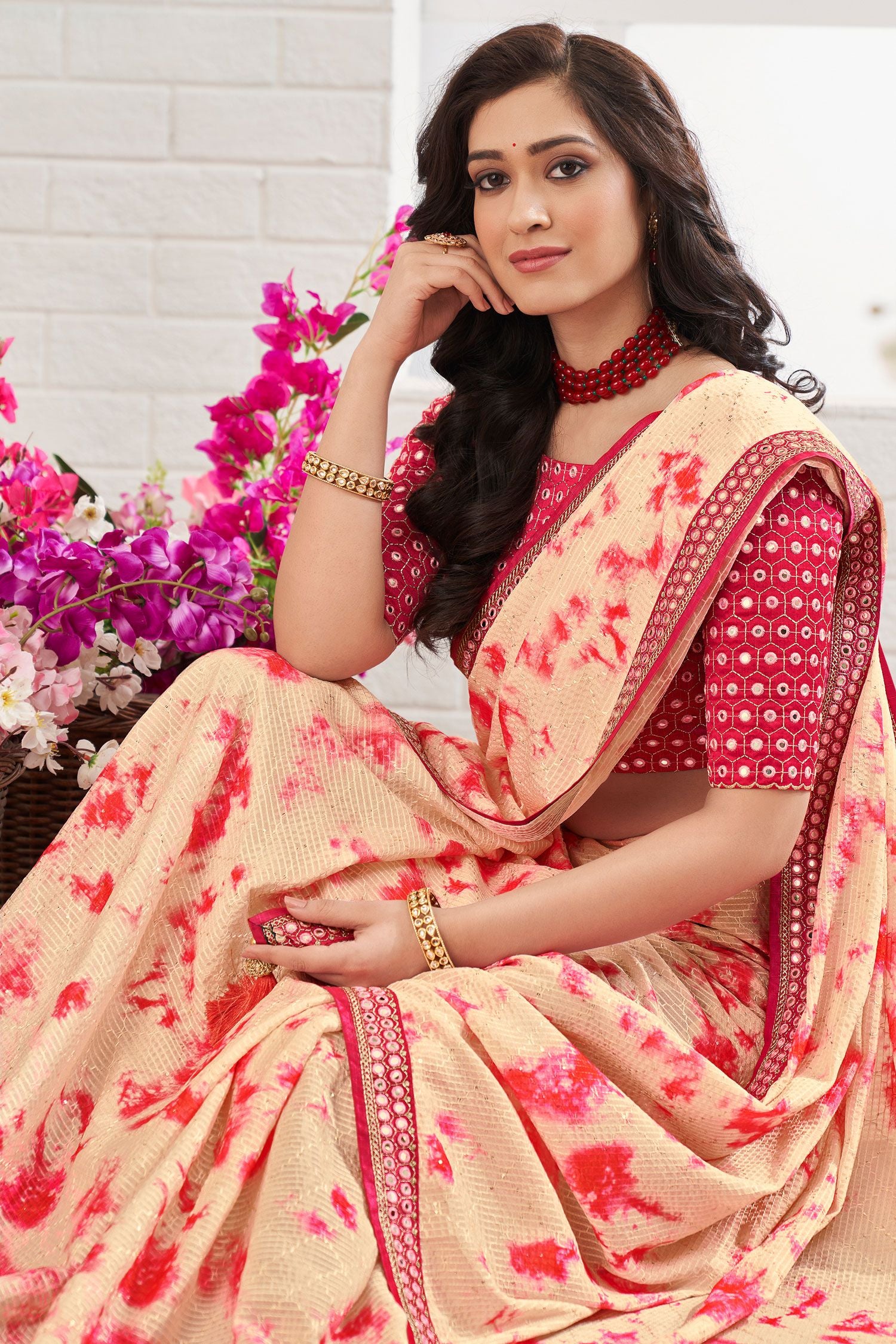 MySilkLove Wheat Cream and Red Chinon Printed Saree