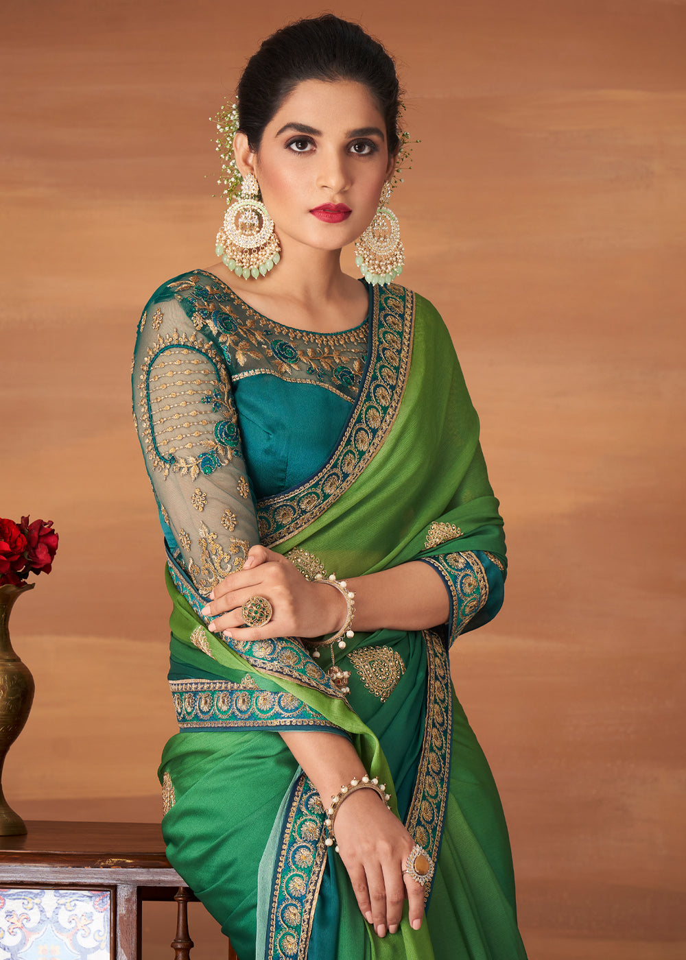 MySilkLove Cucumber Green and Blue Designer Saree with Embroidered Blouse