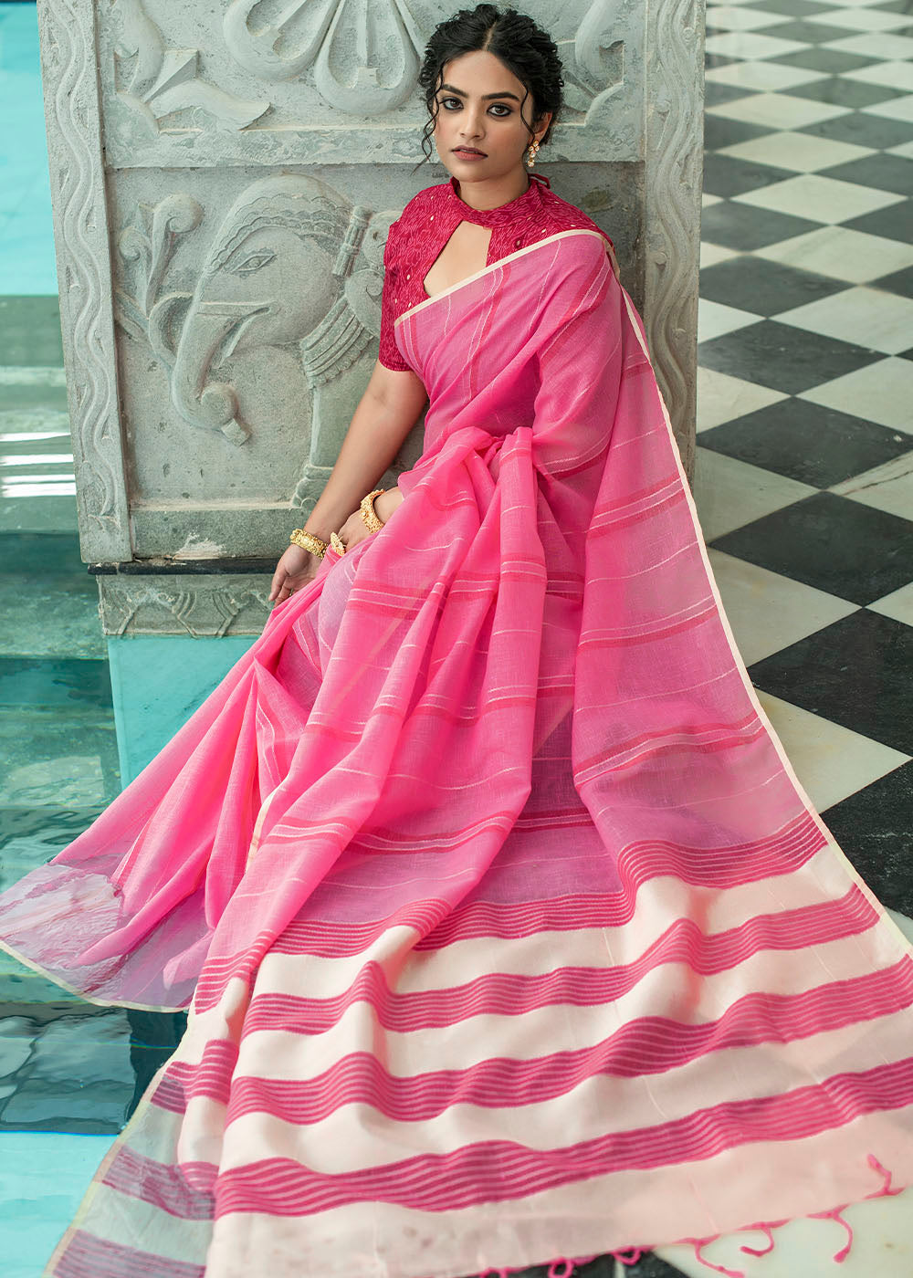 Buy MySilkLove Me Pink Zari Woven Striped Linen Saree Online