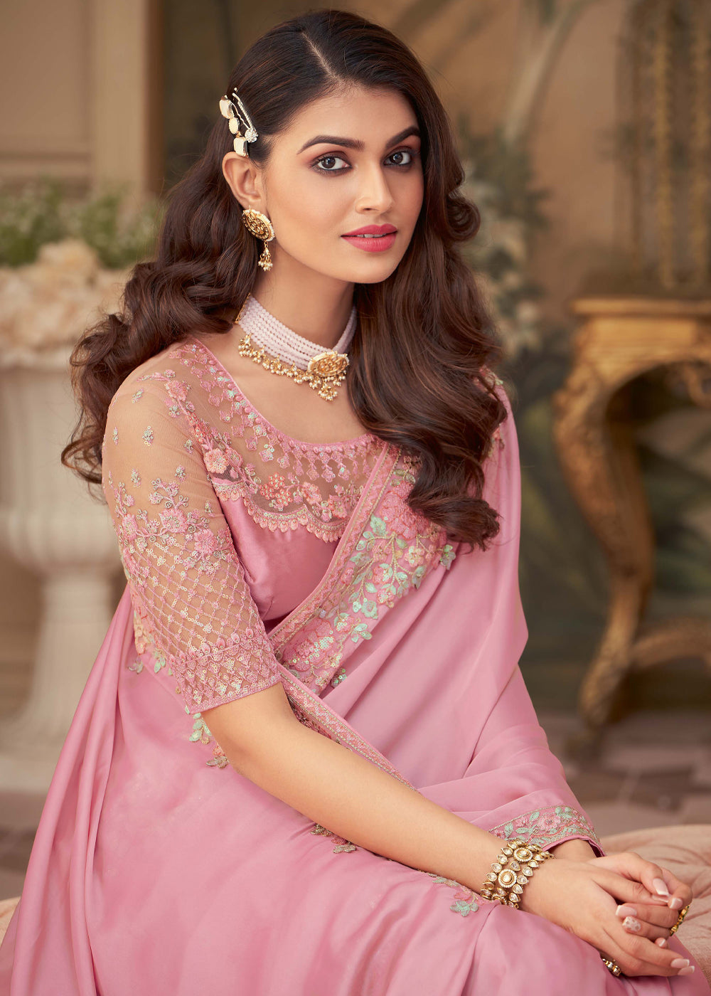 MySilkLove Mandys Pink Georgette Designer Saree with Embroidered Blouse