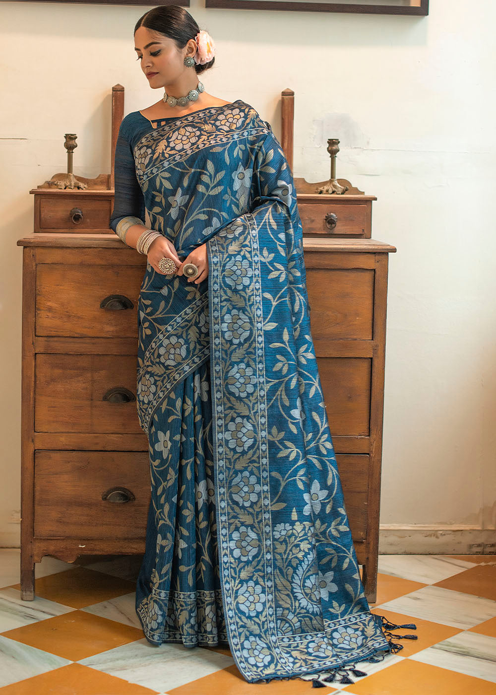 Buy MySilkLove Midnight Blue Zari Woven Floral Tussar Saree Online