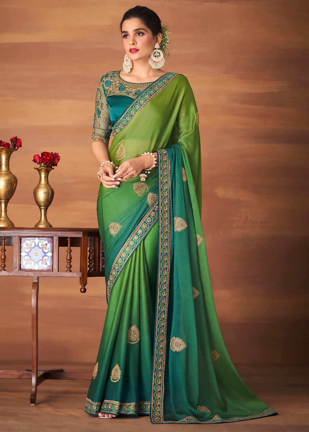 Buy MySilkLove Cucumber Green and Blue Designer Saree with Embroidered Blouse Online