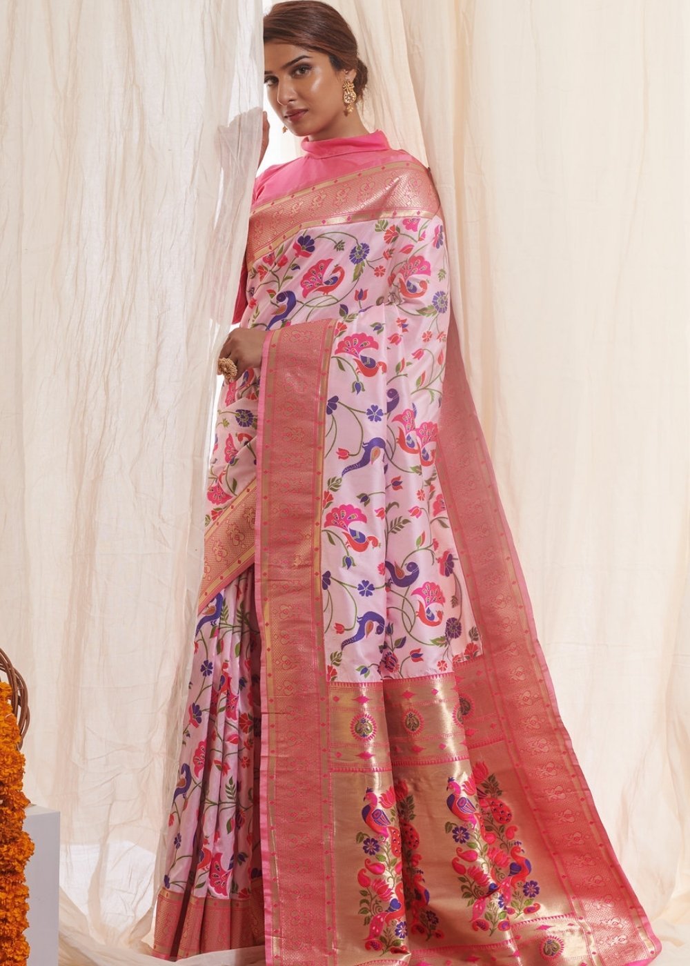 Buy MySilkLove Wafer Light Pink Zari Woven Paithani Saree Online