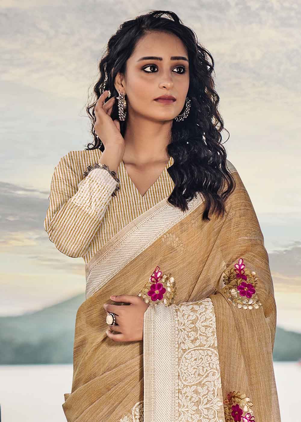 Buy MySilkLove Twine Cream Zari Woven Soft Linen Silk Saree Online