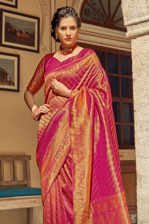 MySilkLove Brick Pink Zari Woven Tanchui Kanjivaram Fusion Silk Saree