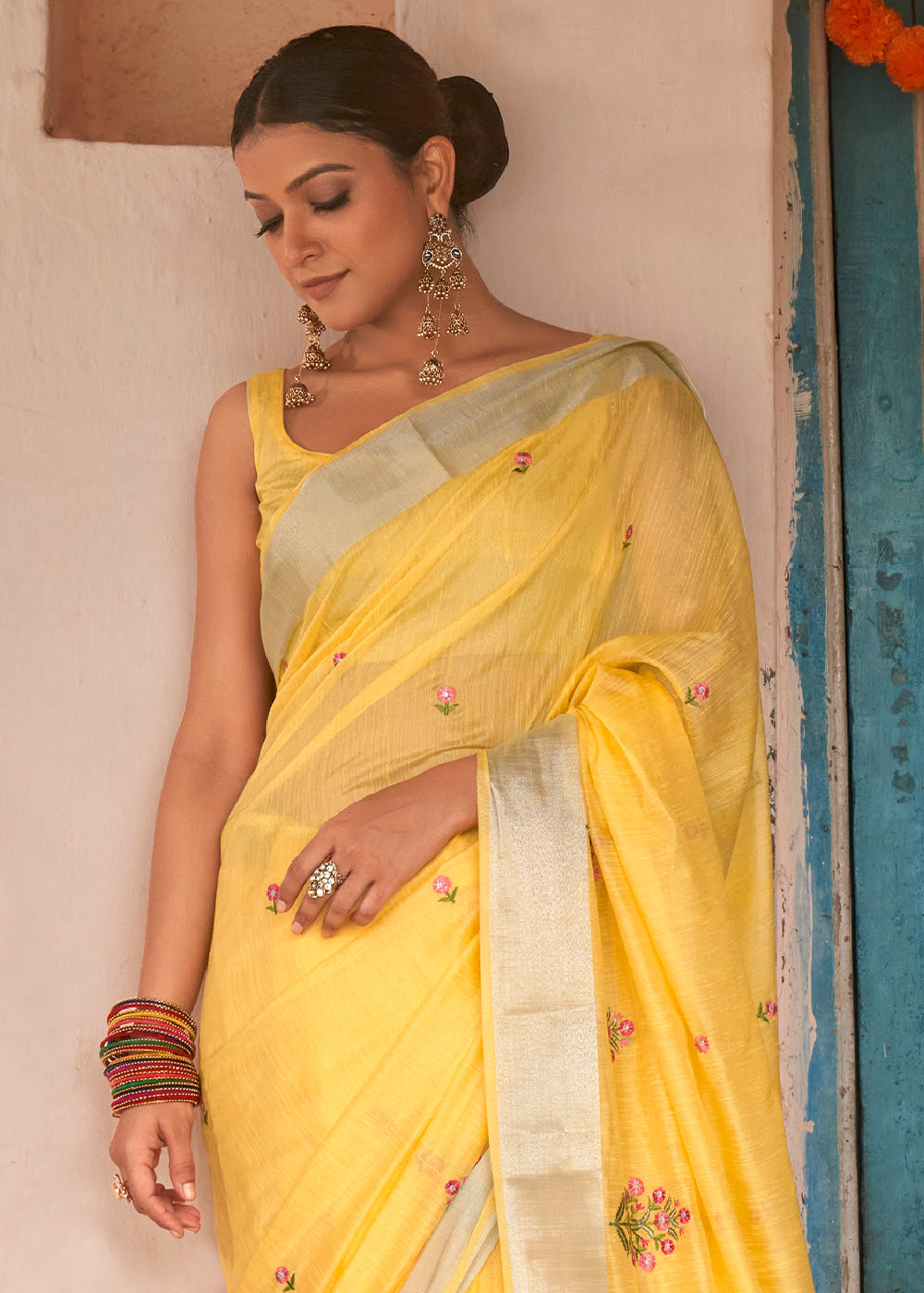 Buy MySilkLove Dandelion Yellow Floral Embroidered Linen Saree Online