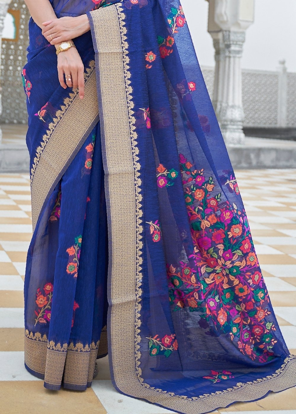Buy MySilkLove Lucky Point Blue Banarasi Linen Saree Online