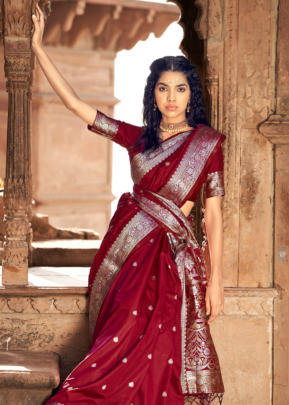 Buy MySilkLove Dark Tan Maroon Woven Banarasi Satin Silk Saree Online