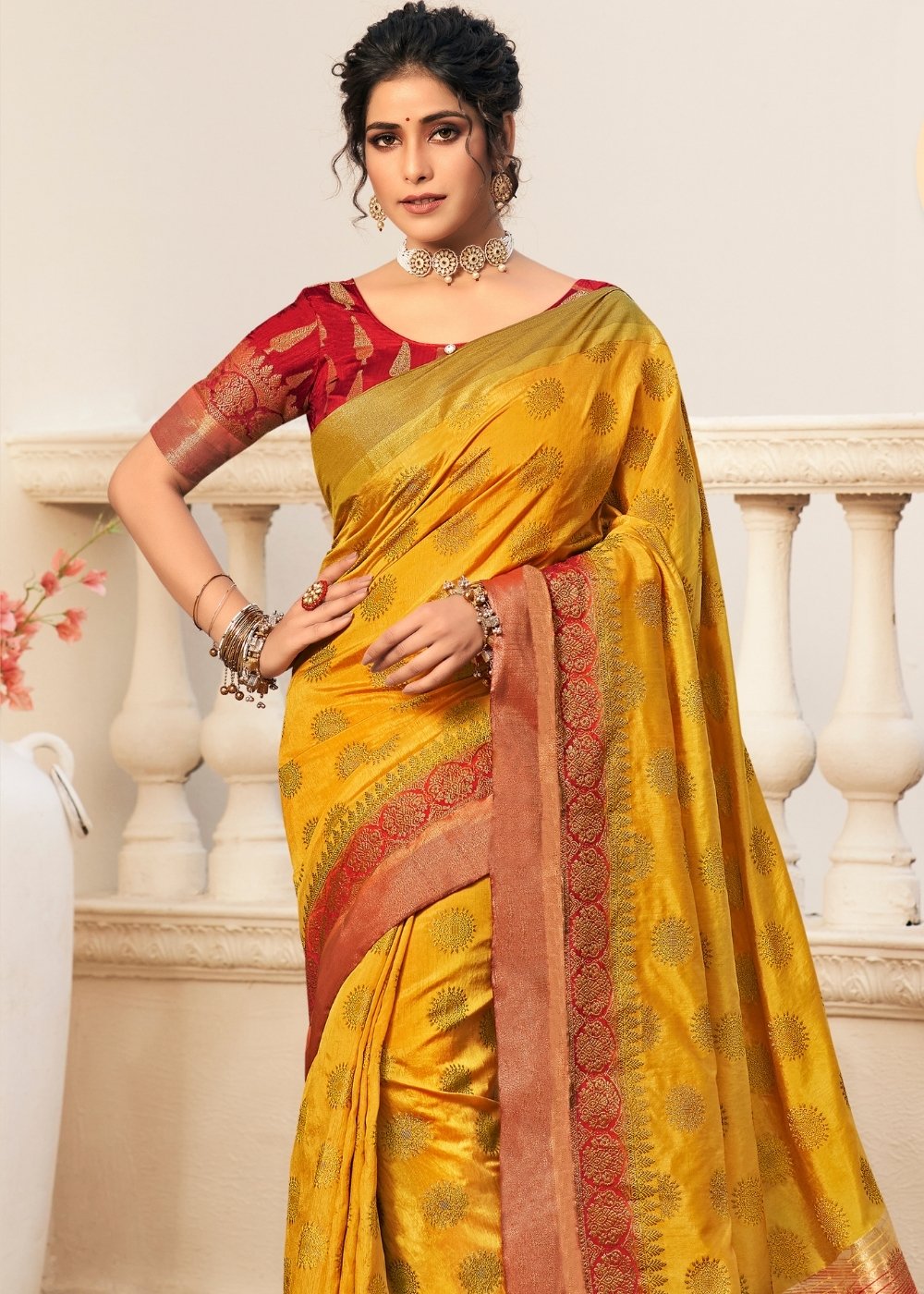 Buy MySilkLove Mustard Yellow and Red Woven Banarasi Raw Silk Saree Online