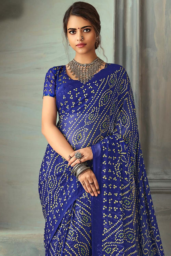 MySilkLove Cosmic Cobalt Blue Chiffon Bandhani Printed Saree