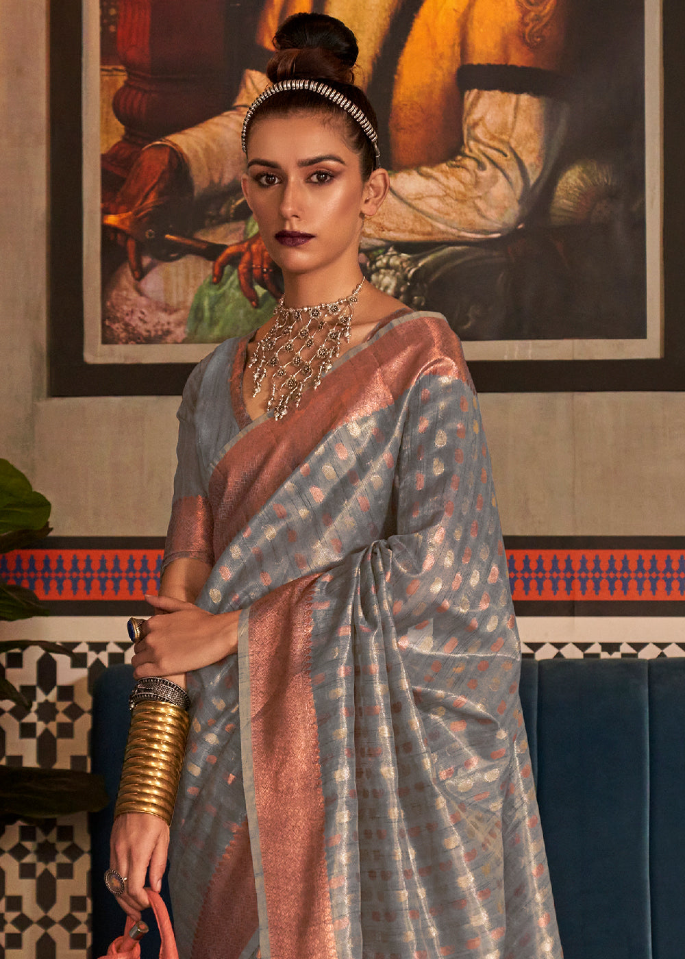 Buy MySilkLove Zorba Grey Zari Woven Tissue Saree Online