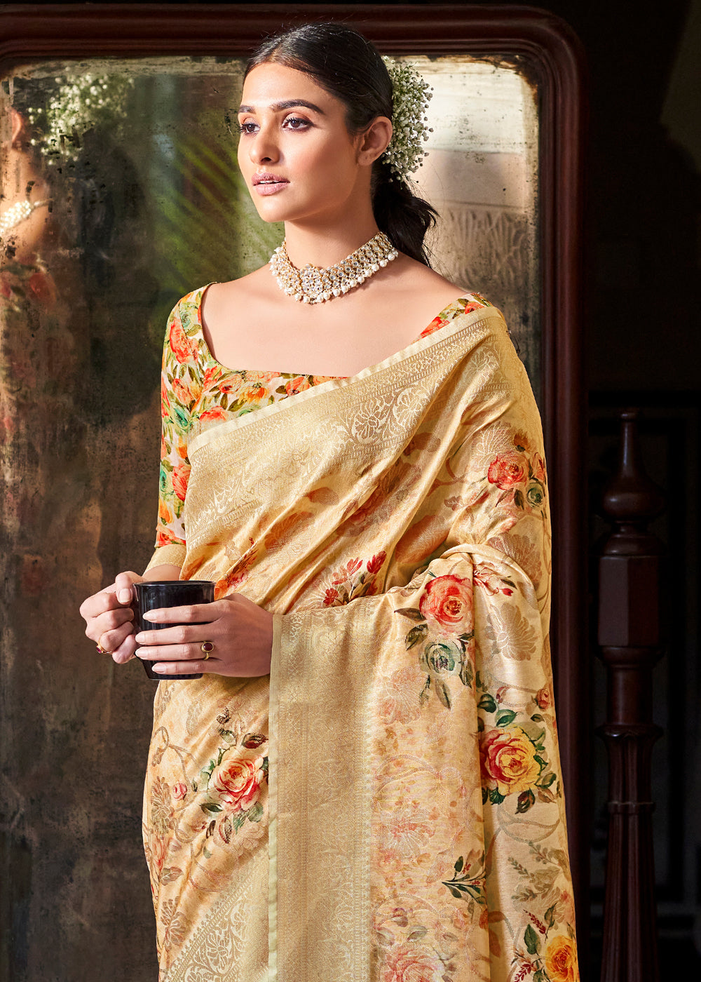 Buy MySilkLove Whiskey Yellow Zari Woven Floral Banarasi Saree Online