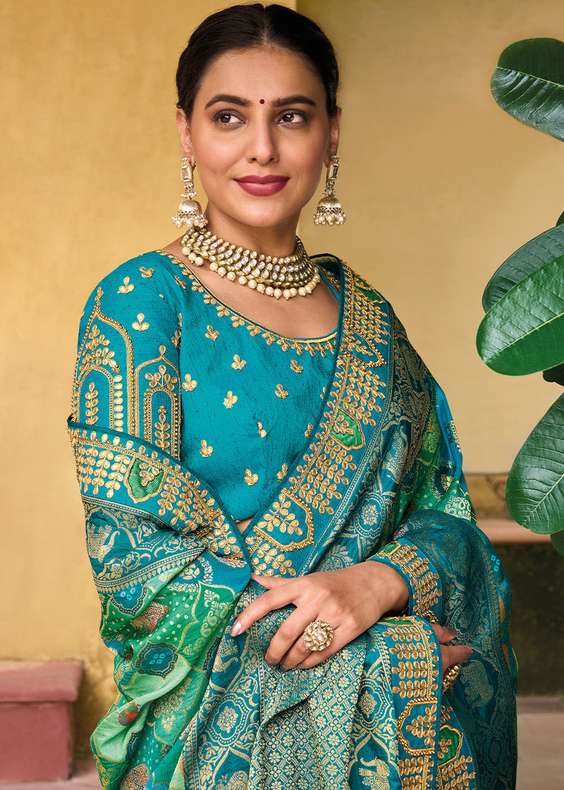 Acapulco Blue Green Embroidered Dola Silk Saree – MySilkLove