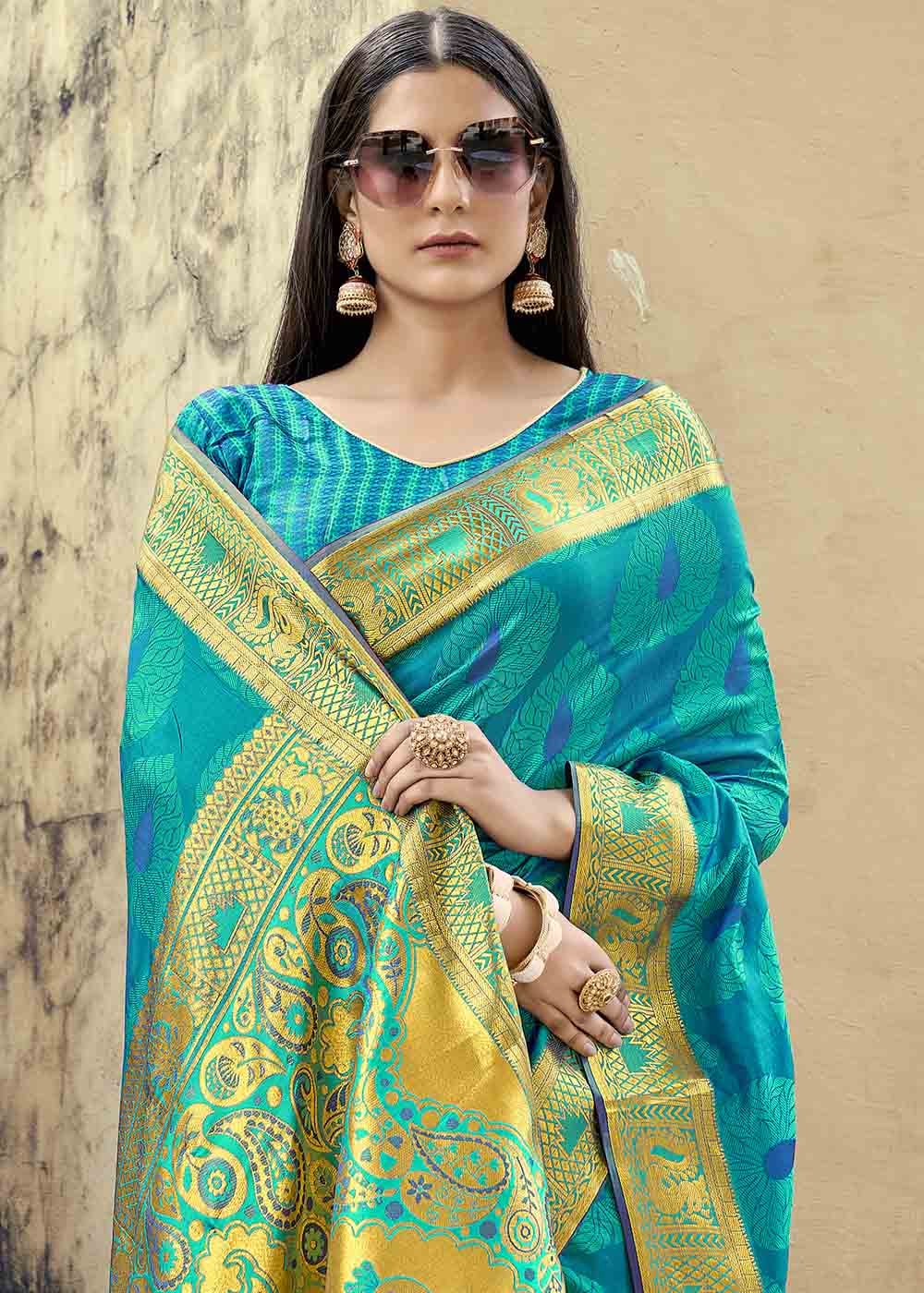 MySilkLove Malachite Blue Zari Woven Banarasi Silk Saree