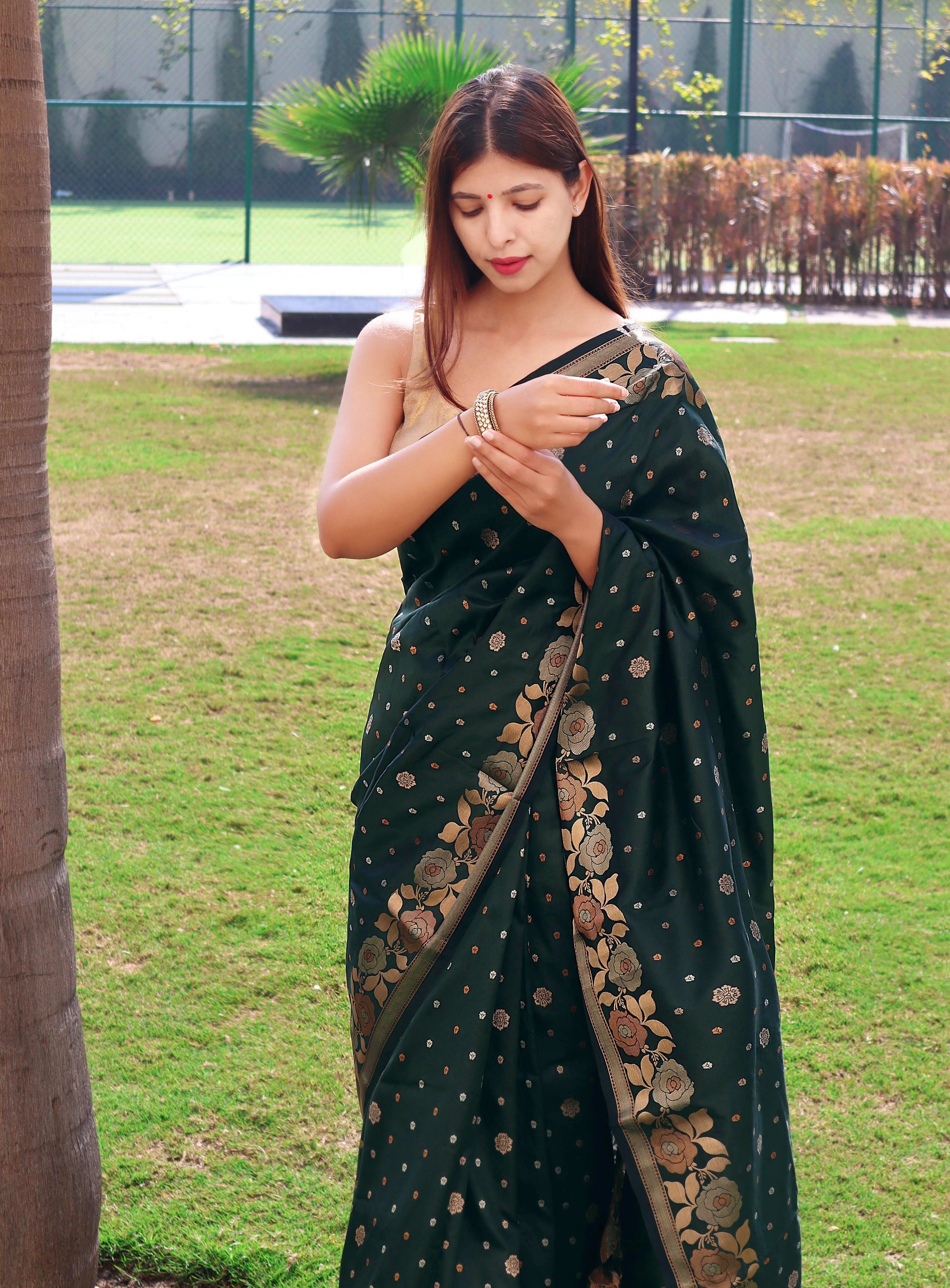 Buy MySilkLove Bush Green Soft Silk Saree with Floral Woven Border and Pallu Online