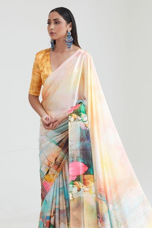 MySilkLove Haze White and Yellow Printed Saree