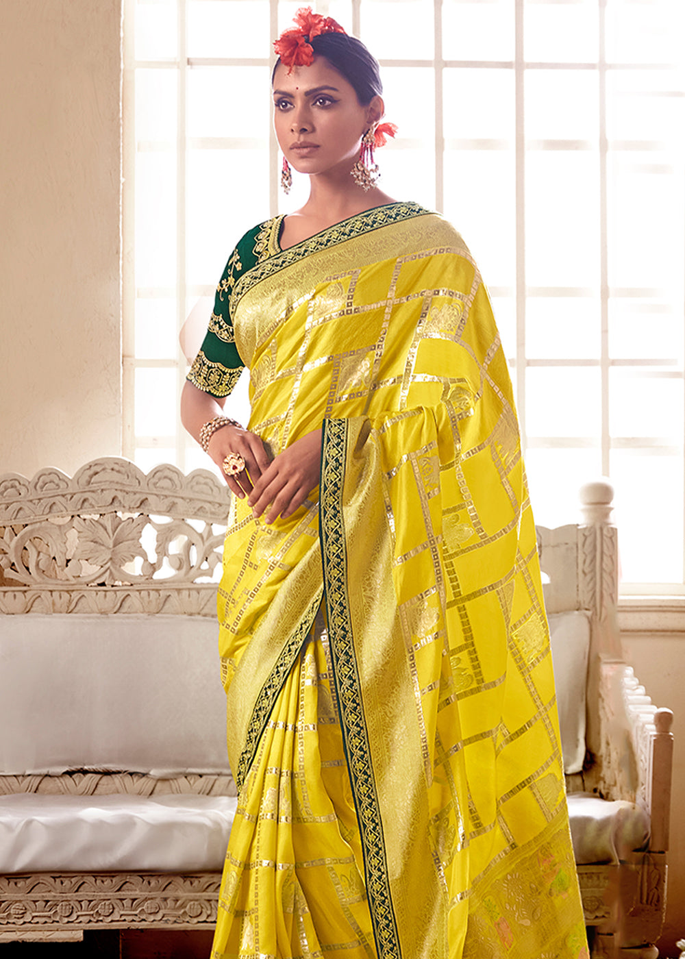 Buy MySilkLove Grass Yellow and Green Banarasi Saree with Designer Blouse Online