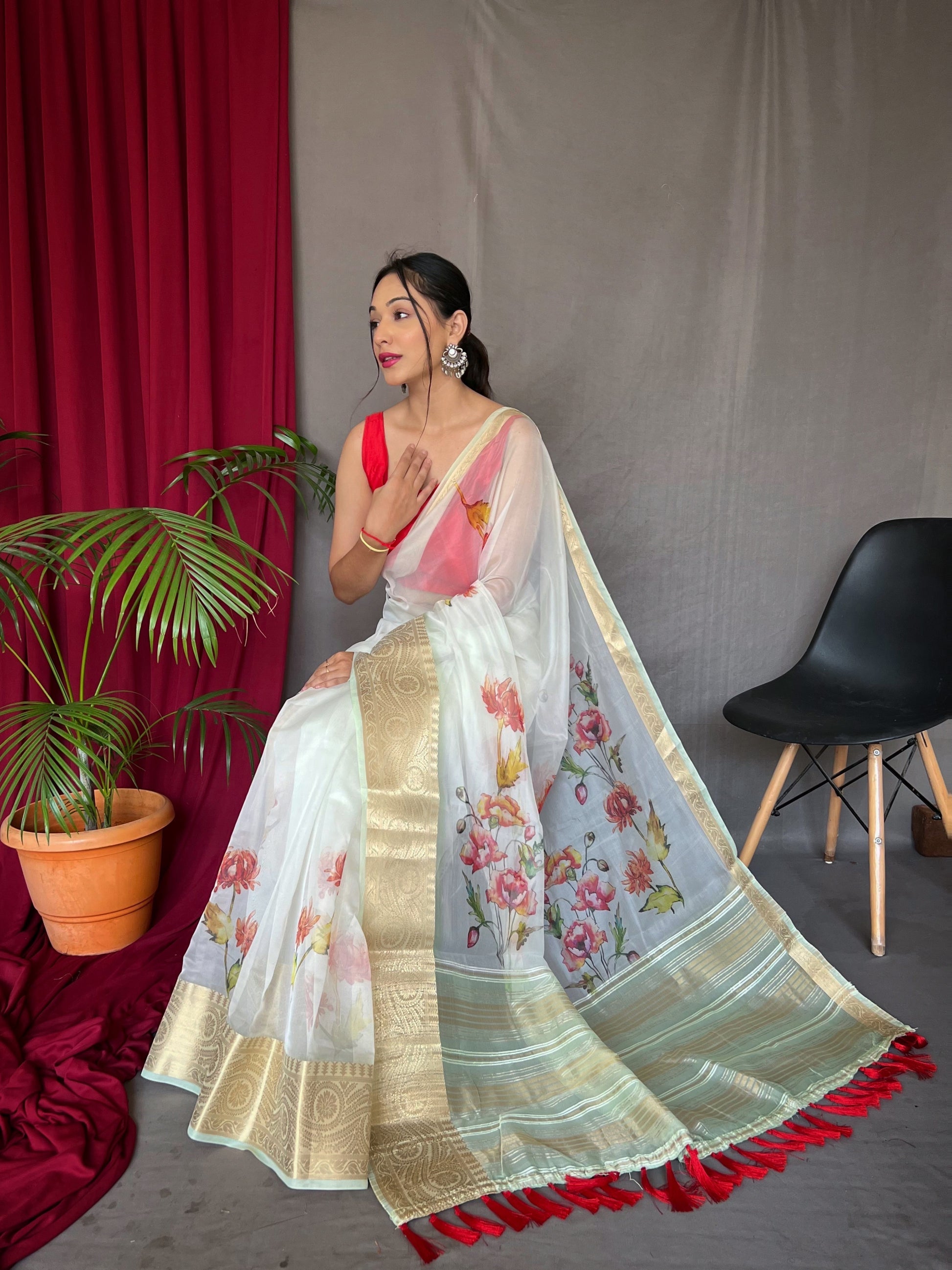 Buy MySilkLove Pale Blue Organza Digital Floral Printed Saree Online