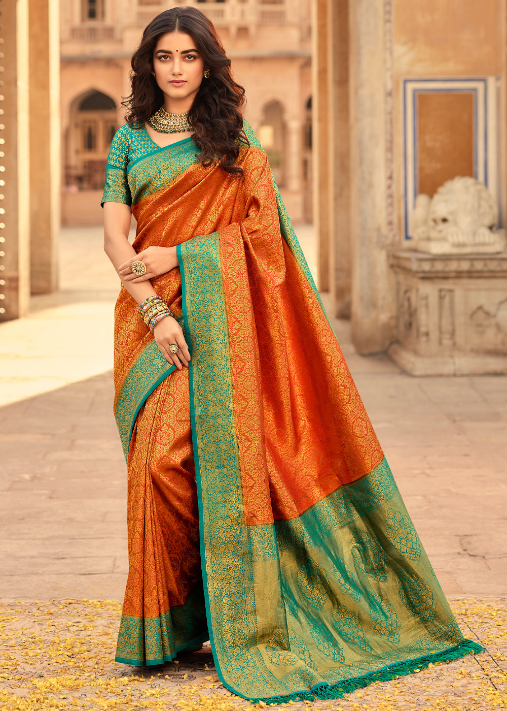 Buy MySilkLove Tango Orange and Blue Zari Woven Kanjivaram Saree Online