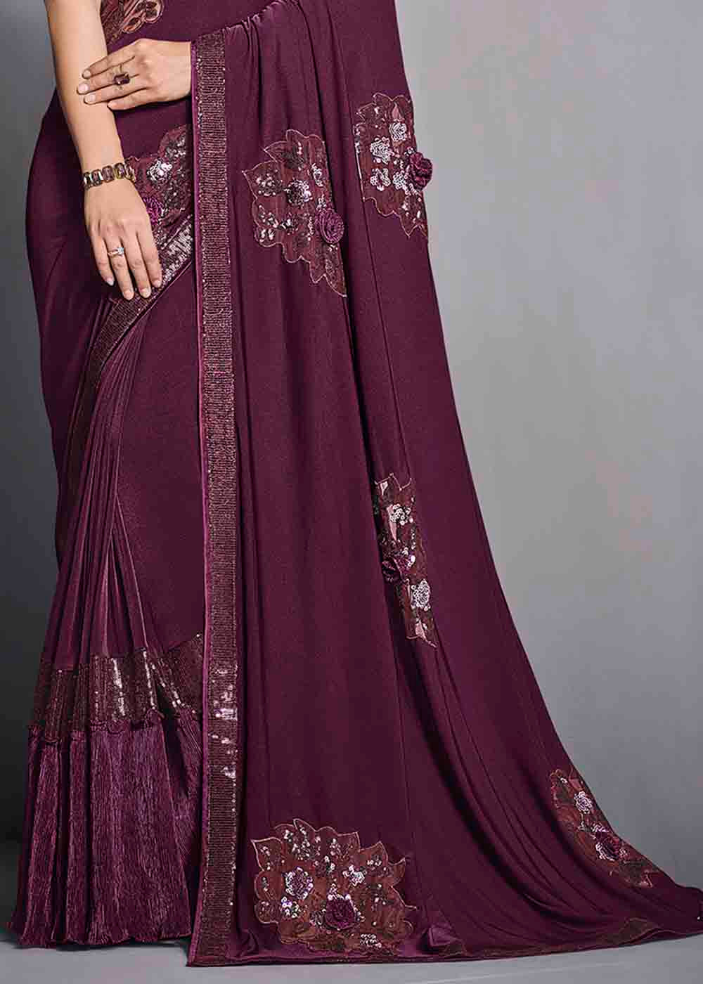 Buy MySilkLove Sugar Plum Purple Designer Lycra Saree with Embroidery Work Online