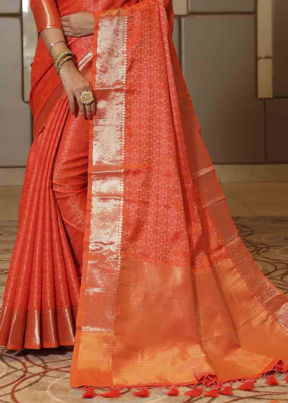 Buy MySilkLove Orange Soda Zari Woven Banarasi Soft Silk Saree Online