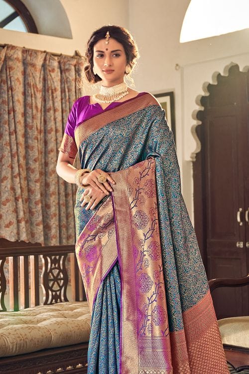 Buy MySilkLove Stone Blue and Purple Zari Woven Banarasi Saree Online