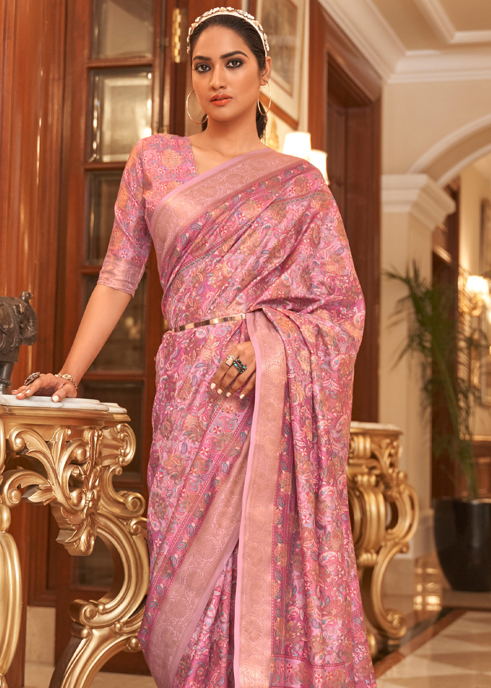 Buy MySilkLove Sunglo Pink Banarasi Digital Kanni Printed Silk Saree Online