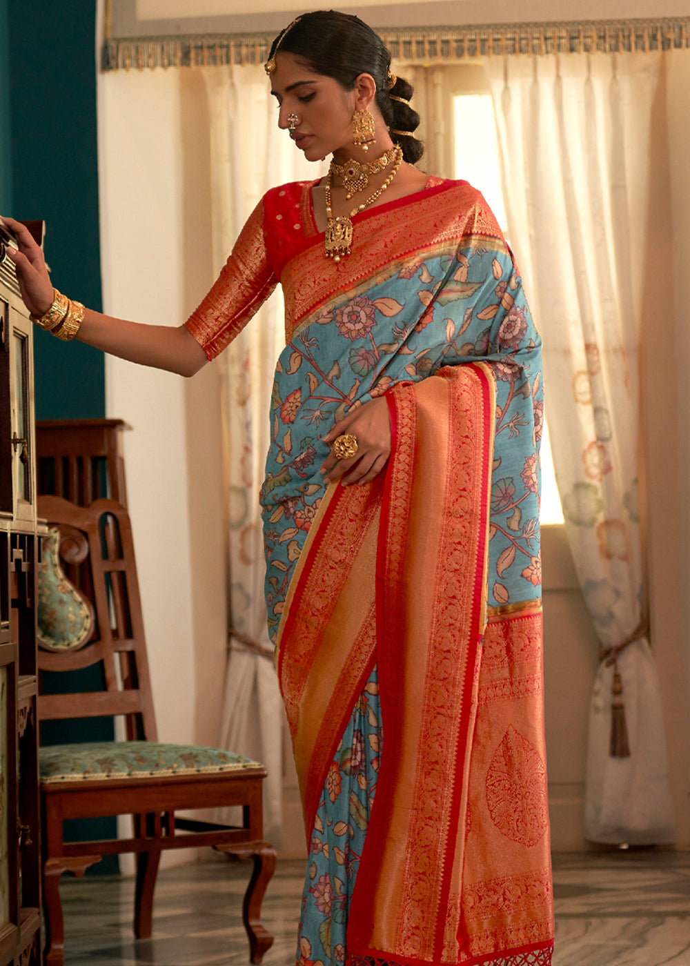 Buy MySilkLove Surf Blue and Red Woven Banarasi Tussar Silk Kalamkari Saree Online