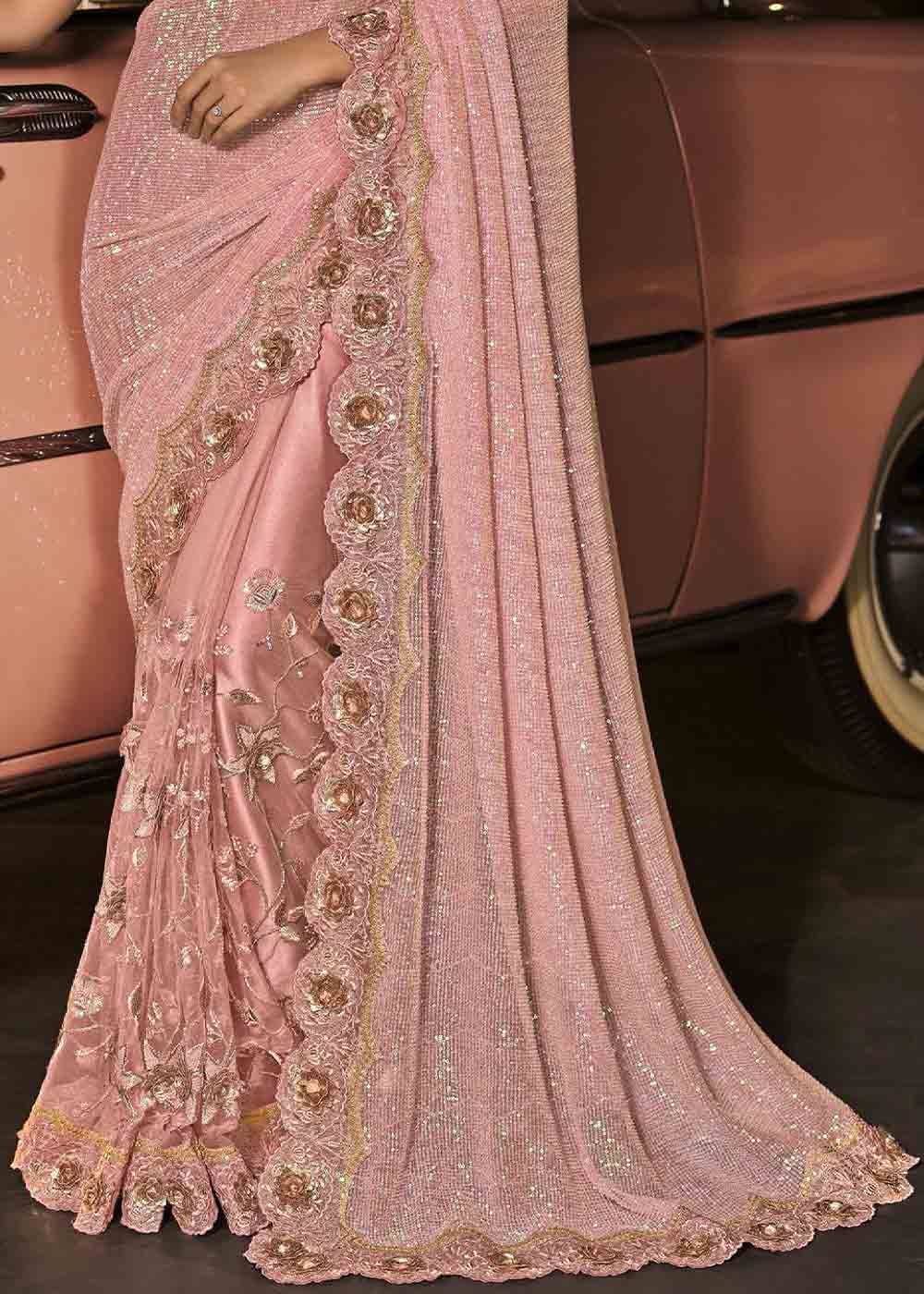 Buy MySilkLove Shilo Light Pink Heavy Work Designer Net Saree Online