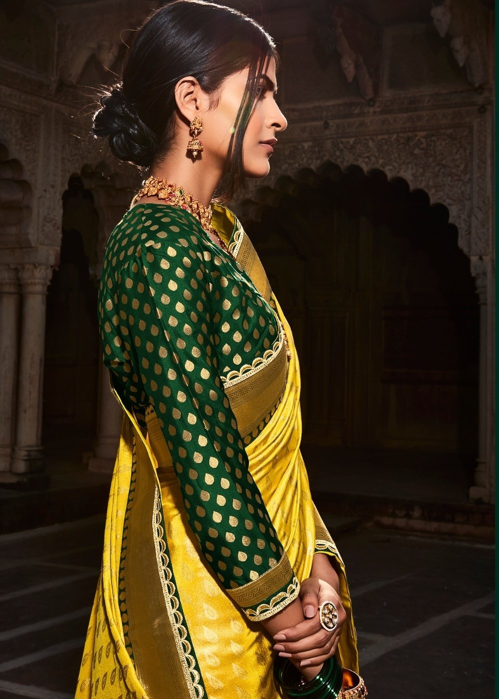 Buy MySilkLove Golden Grass Yellow and Green Zari Woven Banarasi Silk Saree Online