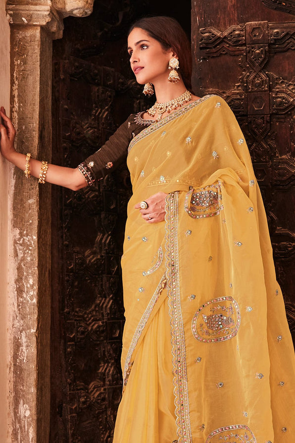 Buy MySilkLove Porsche Yellow and Brown Organza Saree Online